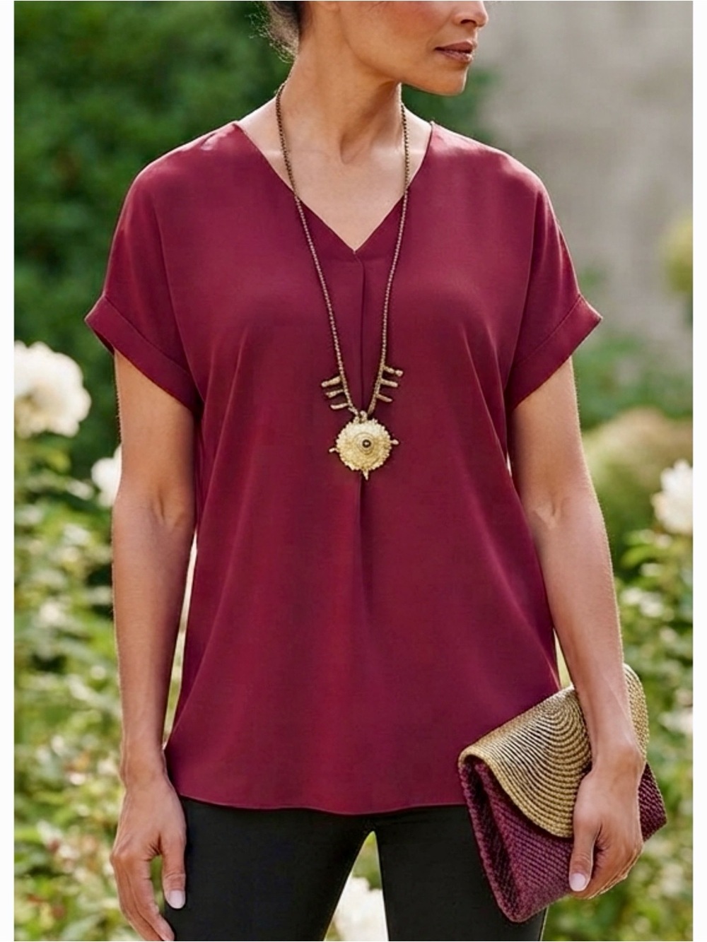 Soft Surroundings Women's Red Tunic Top Size S Pleated Back Short Sleeve Blouse